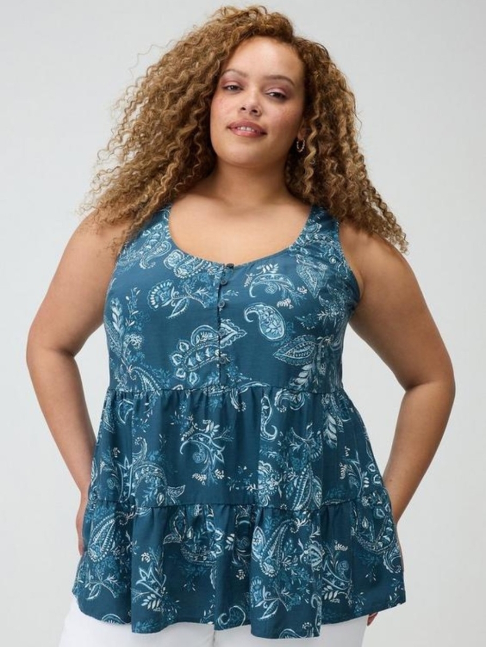Torrid Navy and Light Blue Paisley Tiered Tank